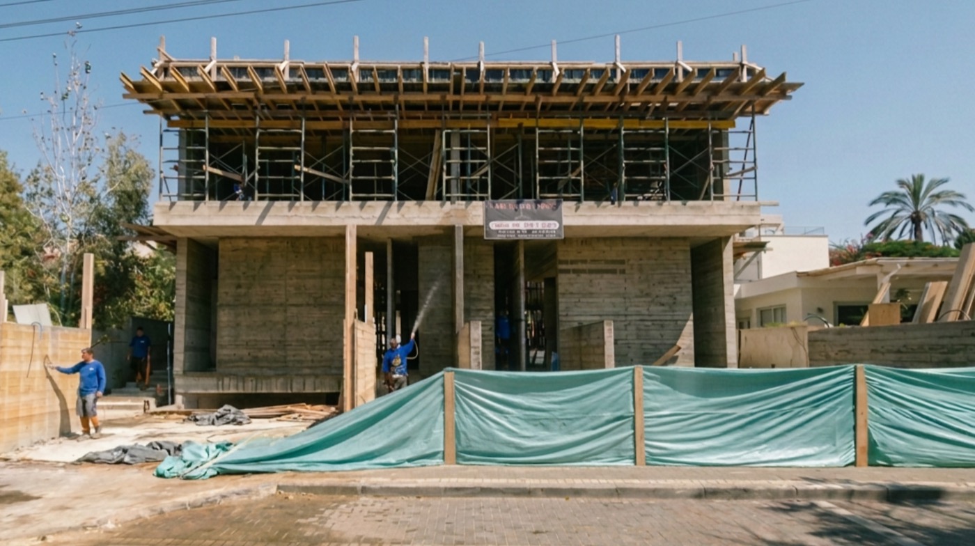 The Kanso Villa in Ramat HaSharon under construction: concrete shell with scaffolding and green site netting