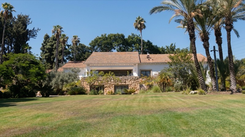 A white villa with a tiled roof in Savyon behind a large lawn, framed by tall palm trees