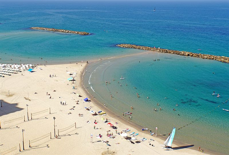 Gordon Beach and the promenade in Tel Aviv seen from above, with breakwaters in the sea