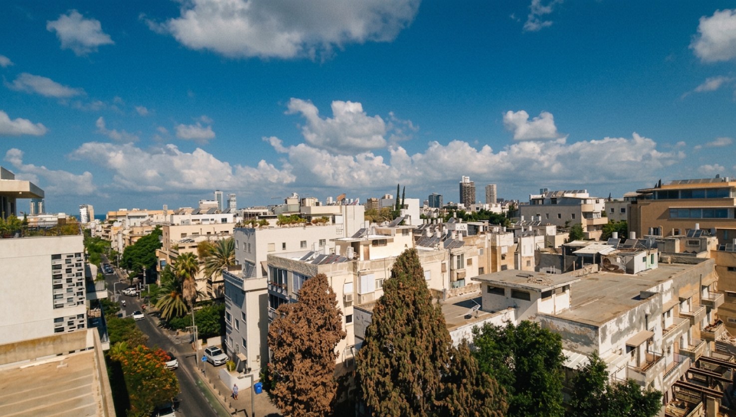 Rooftop view over Tel Aviv, white Bauhaus-style buildings among trees with the city skyline and coastline in the distance